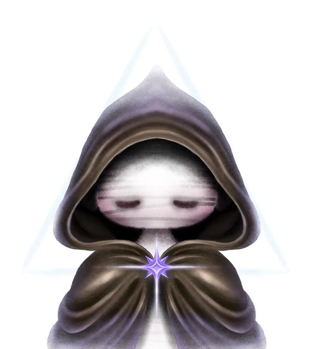 A hooded, robed figure with closed eyes and a glowing purple star at its chest is depicted within a faint triangular outline, evoking a mystical or meditative aura. The ethereal, hand-crafted quality of the character art aligns with the poster's enthusiasm for artisanal NFT collecting.