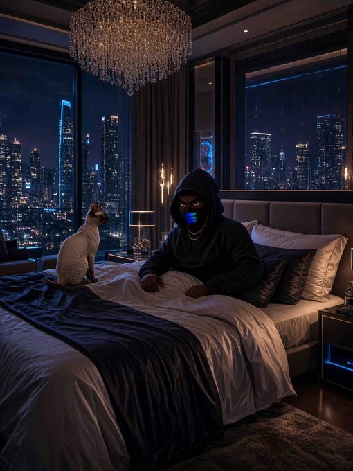 A person in a black hoodie and glowing mask lounges on a luxurious bed with a Siamese cat beside them, backed by a glittering nighttime city skyline through floor-to-ceiling windows beneath an ornate chandelier. The dimly lit, high-stakes ambiance mirrors the gambling post's theme of grinding through bonus hunts with no major wins but minimal losses, while the giveaway offers viewers a chance to cash in.