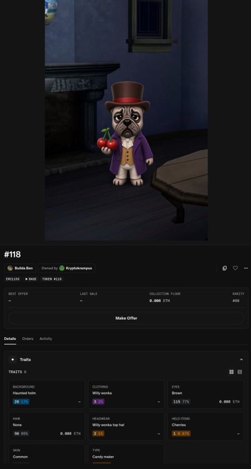 A screenshot of an NFT marketplace listing for 'Bubba Buns', a pug wearing a top hat and holding a cherry, currently showing 0 ETH.