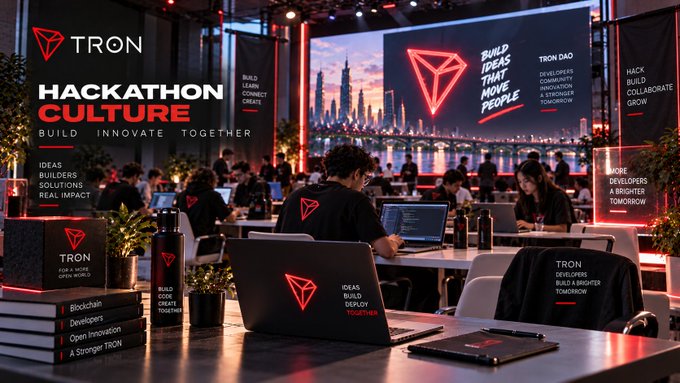 A promotional graphic for the 'TRON HACKATHON CULTURE' event showing a coding workspace with people working on laptops featuring the TRON logo, with slogans like 'BUILD IDEAS THAT MOVE PEOPLE' and 'HACK COLLABORATE GROW'.
