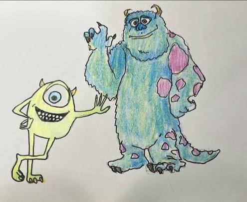 A colored pencil drawing of Mike Wazowski and Sulley from the movie Monsters, Inc.
