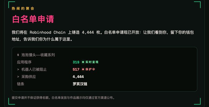 The image displays a Chinese-language whitelist application page for a 4,444-piece collection being minted on Robinhood Chain, featuring details like 319 applications currently, 517 bots blocked, and a link balance on Roam Chain. It relates to the post by showing the whitelist opportunity the author missed, highlighting the "Curated project, got it for free" message as a way to potentially still participate without the regret of missing the original mint.