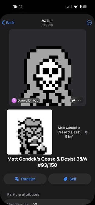 A mobile NFT wallet screen displaying 'Matt Gondek's Cease & Desist B&W #93/150,' showing a pixelated black and white skull character NFT owned by the user.