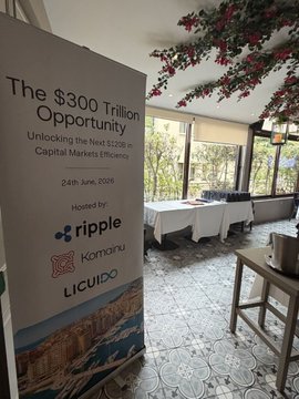 A banner at the FundForum Monaco event reads "The $300 Trillion Opportunity: Unlocking the Next $200B in Capital Markets Efficiency," dated June 24, 2025, and hosted by Ripple, Komainu, and Liquido. The setup shows a closed-door lunch venue where senior banking and asset management leaders gathered to discuss instant settlement and RWA tokenisation.