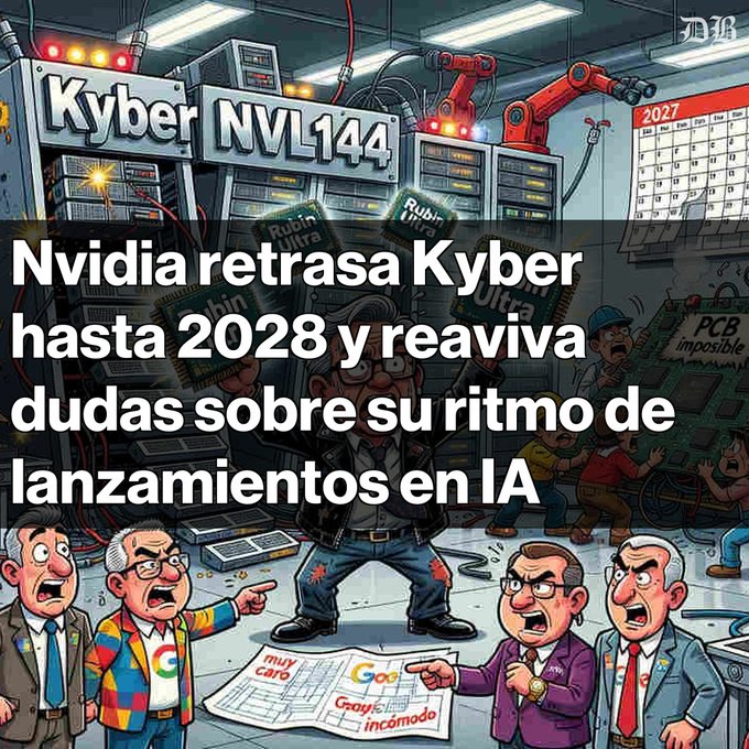 A satirical cartoon-style illustration shows a chaotic server room with an "Nvidia Kyber NVL144" sign and a 2027 calendar, surrounded by frustrated executives and technicians examining hardware labeled "PCBs imposibles" and "Goo[e]y incomodo," visually depicting Nvidia's manufacturing struggles and the tension surrounding its AI launch timeline. The Spanish overlay reads "Nvidia retrasa Kyber hasta 2028 y reaviva dudas sobre su ritmo de lanzamientos en IA," reinforcing the post's news about the delayed Kyber NVL144 release and competitors like AMD and Google potentially benefiting.