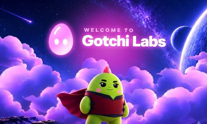 A promotional banner for 'Gotchi Labs' featuring a green cartoon character with a red cape against a purple cosmic background.