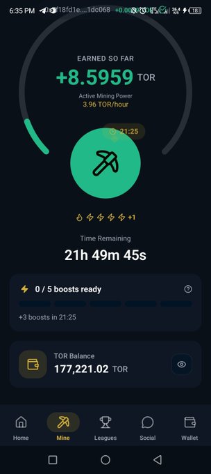 A screenshot of the Torium Network ($TOR) mobile mining app showing an active mining session with 8.5959 TOR earned so far at 3.96 TOR/hour, with 21h 49m 45s remaining and a TOR balance of 177,221.02. The image illustrates the community mining feature mentioned in the accompanying promotional post about the Layer 1 EVM-compatible blockchain project.