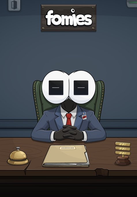A cartoon character with oversized eyes and a business suit sits at a desk with a service bell and folder, beneath a wooden sign reading "fomies," matching the NFT project's branding and the post's FOMO-themed office setting.