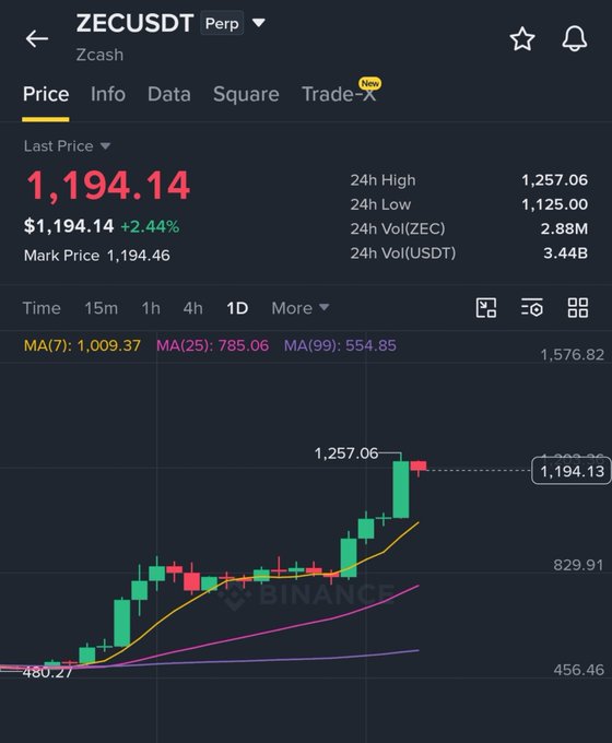 A trading app screenshot showing the ZECUSDT Perpetual pair for Zcash, with a last price of 1,194.14 (+2.44%) on a green candlestick chart with moving averages.