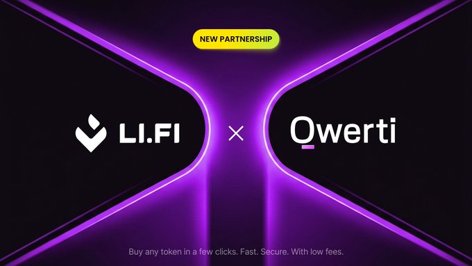 The image features a poster for a new partnership between Lifeport and @QwertiAI. The poster has a purple background with white text, and the Lifeport logo is displayed at the top of the poster. Below this, there's a yellow button that says "New Partnership" in white letters. At the bottom of the poster, there are two lines of text: one saying "@QwertiAI" and another stating "focus on what is in the image". The main focus of the image is Lifeport and @QwertiAI's partnership to make DeFi accessible to anyone.