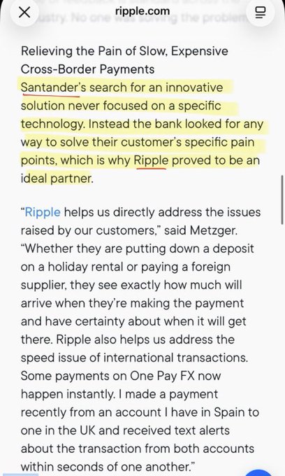 A screenshot from ripple.com highlights how Santander partnered with Ripple to alleviate the pain of slow, expensive cross-border payments, noting that transactions on One Pay FX now occur instantly, with text alerts received from both sending and receiving accounts within seconds of one another. This supports the post's focus on major banks like Santander being connected to Ripple's expanding payments and stablecoin infrastructure.