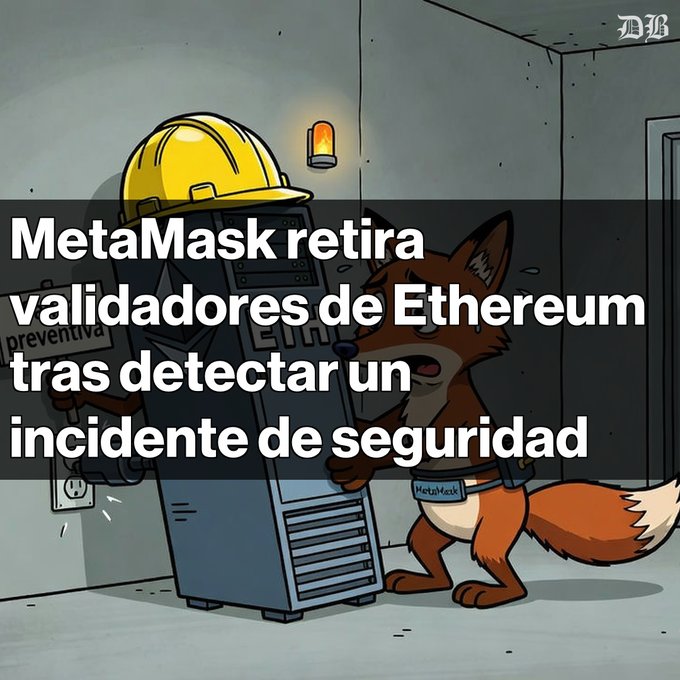 An illustration of a fox in a hard hat inspecting machinery, with Spanish text reading 'MetaMask retira validadores de Ethereum tras detectar un incidente de seguridad' (MetaMask withdraws Ethereum validators after detecting a security incident).