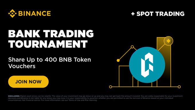 A Binance promotional banner for a "Bank Trading Tournament" offering up to 400 BNB token vouchers in spot trading, featuring Binance's logo and a teal cryptocurrency icon with a "Join Now" call-to-action button. The image directly supports the post's message about discovering the tournament and BNB rewards upon opening Binance.
