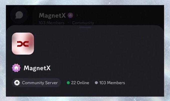 Screenshot of a Discord community server called 'MagnetX' with 103 Members and 22 Online, featuring a pink/rose metallic DC-style logo.