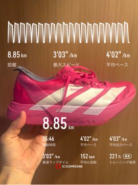 The image shows a hand holding up a pink Adidas shoe, with a digital display showing the shoe's size and other details. The background of the image features a wooden wall with a white line running across it.