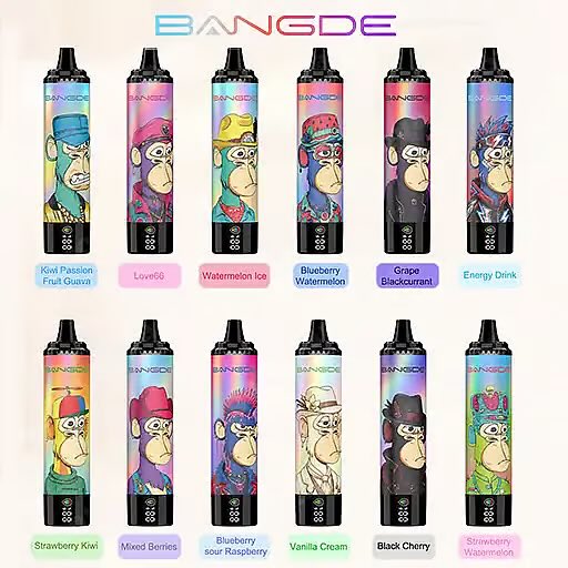 A product display showing twelve colorful disposable vape pens branded 'BANGDE', each featuring cartoon monkey artwork with names including 'Watermelon Ice', 'Energy Drink', 'Strawberry Kiwi', and 'Mixed Berries'.