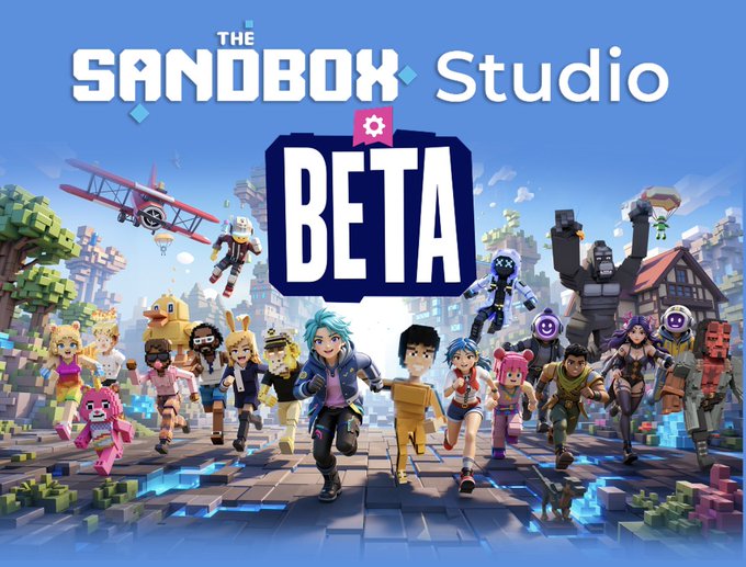 Promotional artwork for 'THE SANDBOX STUDIO BETA' featuring a colorful array of voxel-style avatars and characters running forward in a blocky, Minecraft-like environment.