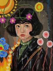 A painting of a person with dark hair adorned with pink and yellow flowers, wearing a dark coat and green scarf, surrounded by flames and pink blossoms against a dark background.