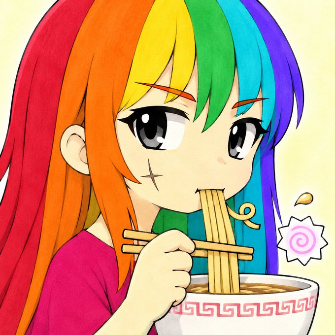 Anime-style drawing of a girl with rainbow-colored hair eating noodles with chopsticks from a bowl decorated with Greek key patterns, with steam and sparkle effects around the food.