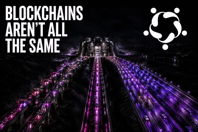 A graphic with the text "BLOCKCHAINS AREN'T ALL THE SAME" alongside a white swirl logo, set against an image of a futuristic glowing purple city with highway traffic.