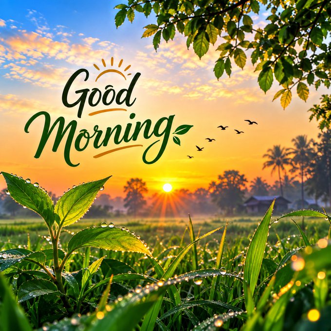 A scenic 'Good Morning' greeting image showing a vibrant sunrise over a dewy green field with palm trees and birds in flight.