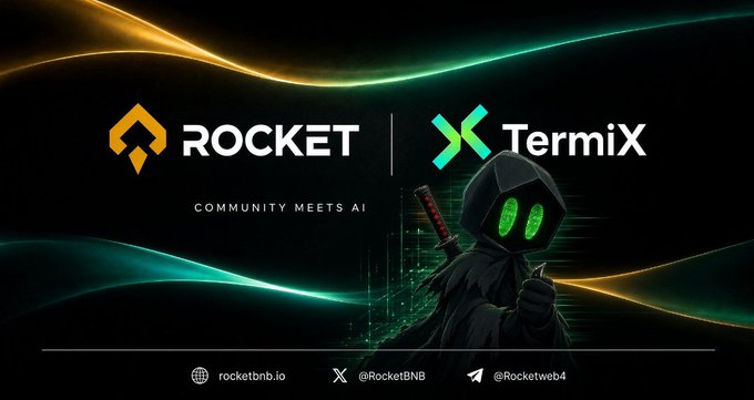 A promotional banner showing logos for Rocket and TermiX with the tagline "Community Meets AI," featuring a hooded hacker character holding a katana, and social handles @RocketBNB and @Rocketweb4.
