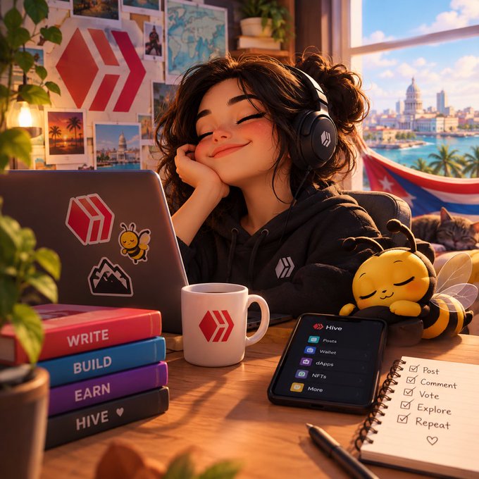 An illustrated anime-style girl with headphones smiles at a laptop covered in stickers, sitting at a desk with a Hive-themed mug, a phone displaying a 'Hive' menu, and books labeled 'Write, Build, Earn, Hive' beside a checklist reading 'Post, Comment, Vote, Explore, Repeat.'