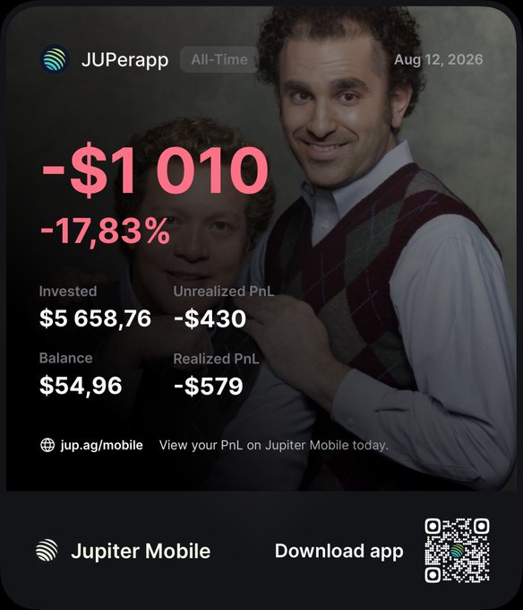 The image shows a Jupiter Mobile (jup.ag) portfolio screenshot shared as a "share your PNL" post, displaying an All-Time loss of **-$1,010 (-17.83%)** with $5,658.76 invested, a $54.96 balance, and a meme overlay of two men (one whispering behind the other) to dramatize the poor results.