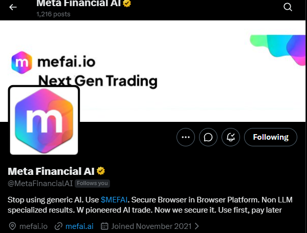 A social media profile for "Meta Financial AI" (@MetaFinancialAI) with a multicolored hexagon 'm' logo, describing itself as "mefai.io Next Gen Trading" and promoting $MEFAI as a secure browser platform.