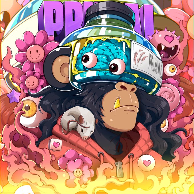 A colorful cartoon illustration featuring a gorilla wearing a jar of blue substance on its head, surrounded by pink flowers, eyeballs, and flames, with a white rat on its shoulder.