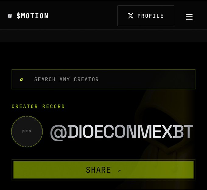 A dark-themed dashboard from the $MOTION platform displaying a "Creator Record" for the user @DIOECONMEXBT, featuring a search bar, profile icon, PFP placeholder, and a green "SHARE" button. This visual represents the creator profile step in $MOTION's airdrop process, where users sign up at motion.tips to earn on-chain rewards through the TipFi protocol on Robinhood Chain.