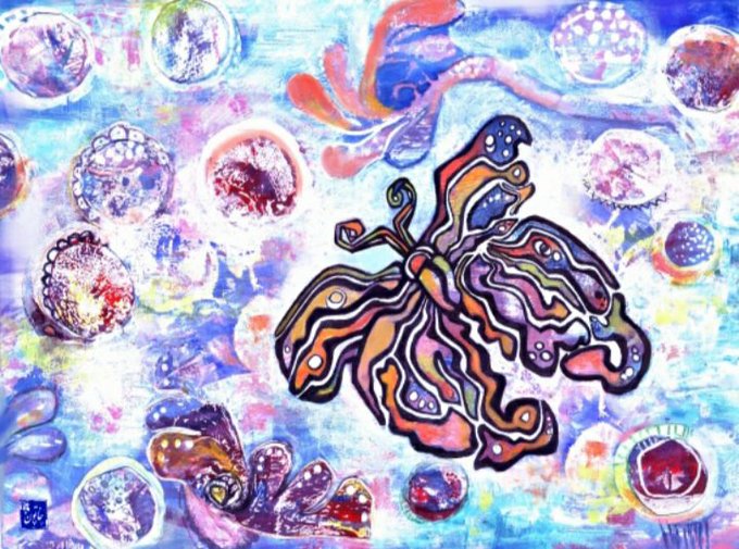 A vibrant, mixed-media artwork featuring a colorful butterfly with intricately patterned wings as its central focus, surrounded by a dreamy ocean-inspired background of blue and purple hues with circular, bubble-like motifs and swirling shapes.

The image aligns with the post's reference to the artist's "Butterfly" piece, which was collected by the buyer, while the surrounding watery, abstract elements suggest a thematic connection to her other work, "Daughter of the Sea."