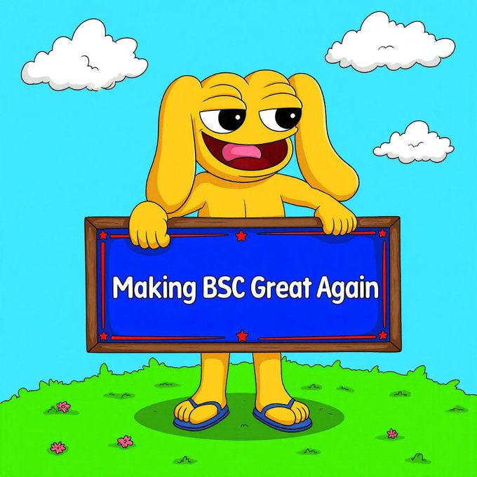Cartoon yellow dog character wearing blue flip-flops, holding a blue sign that reads "Making BSC Great Again" against a sky with clouds and a grassy field.