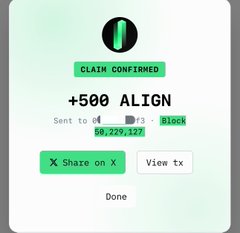 The image shows a confirmation screen for claiming +500 ALIGN tokens, displaying a green "CLAIM CONFIRMED" banner, a destination wallet address ending in "r3", block number 56,229,127, and buttons to "Share on X" and "View tx" alongside the Aligned Layer logo. It relates to the post by showing the user's actual testnet airdrop claim from Aligned Layer (alignedlayer.com), illustrating the tangible payout they received from participating in the 2023 testnet.