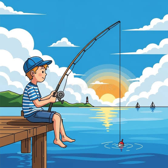 The image features a young boy sitting on a wooden dock with his fishing rod, patiently waiting for a fish to bite. The scene takes place at sunrise or sunset over a body of water, creating a serene atmosphere. In the background, there are several boats floating in the water, adding to the picturesque setting. The caption above the image reads: "Focus on what is in the image and how it relates to the post".