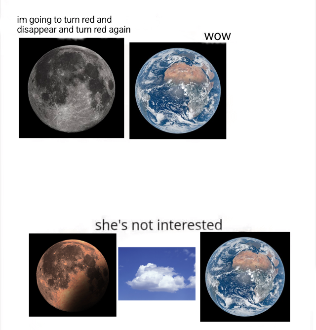 A meme depicts the Moon saying "im going to turn red and disappear and turn red again" while Earth responds "WOW" and "she's not interested." The post promotes a cryptocurrency called $ZAP that allegedly hit 30x gains, with the meme's theme of impressive displays going unnoticed humorously mirroring the self-promotional tone of the post that boasts about catching early gains while urging others to join a private group.