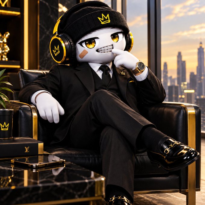 A digitally created cartoon character with a crown logo on its beanie and headphones sits in a black leather chair wearing a black suit, displaying a confident smirk in a luxurious high-rise setting.