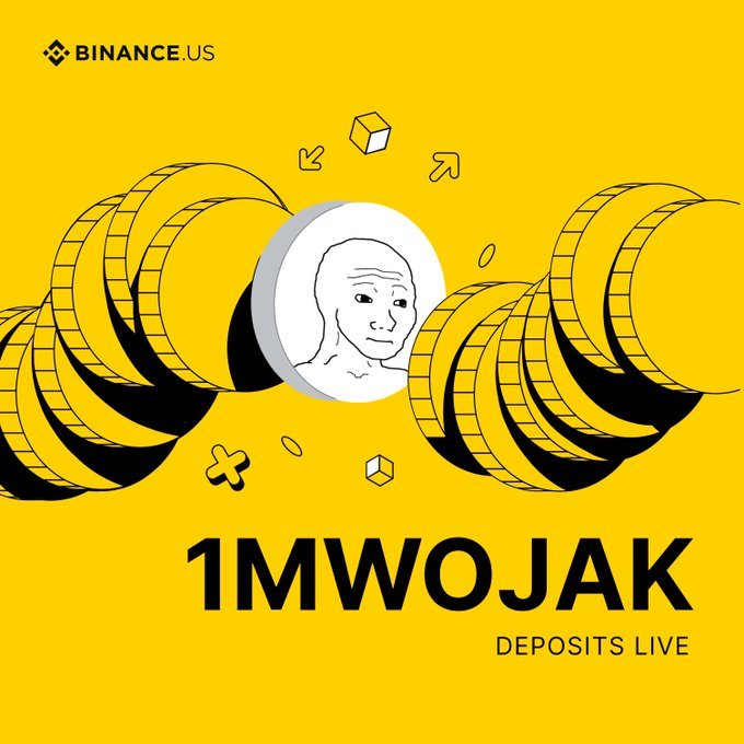 A Binance.US promotional graphic on a yellow background features a stylized "Wojak" meme coin character flanked by stacks of gold coins, with the bold text "1MWOJAK — DEPOSITS LIVE" announcing the meme coin's listing availability on the exchange, aligning with the post celebrating $Wojak's debut on Binance.US.