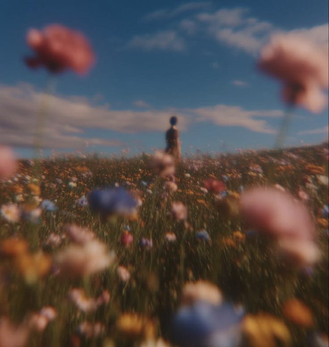The image shows a person standing in a field of flowers, with their back facing the camera. The background features a blue sky dotted with clouds, providing a beautiful backdrop for the colorful flowers. The photo appears to be taken from a low angle, making the person and the flowers appear larger than life. The caption "Good morning CT Study $RIVER" suggests that this image might have been taken during an early morning or late afternoon when the sun is shining brightly through the clouds, casting a warm glow on the scene.