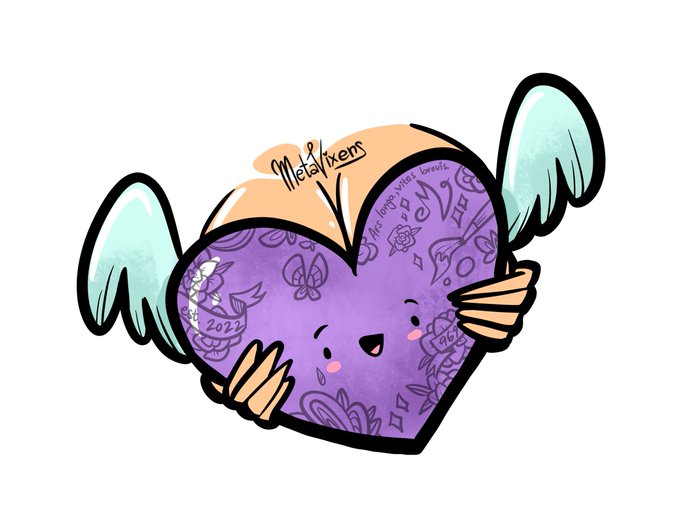 A cute cartoon illustration of a purple heart with a smiling face, small wings, and a beige bandage labeled 'MetaVixens' wrapped around its top.