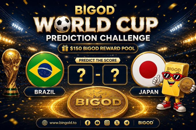 A promotional graphic for BIGOD's World Cup Prediction Challenge featuring a matchup between Brazil and Japan, highlighting a $150 BIGOD reward pool with a "Predict the Score" prompt showing question marks for the final score. The image includes the BIGOD mascot, golden coin, and social media links at www.bigod.to, aligning with the post's call for followers to comment their predictions for a chance to win from the reward pool.