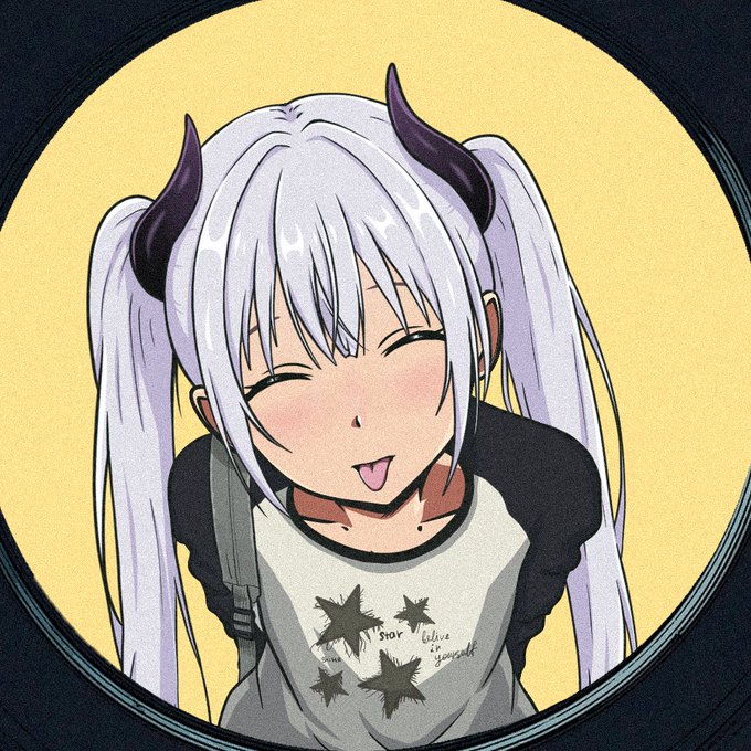 An anime-style illustration of a girl with long silver hair in twintails and dark horns, winking and sticking out her tongue, wearing a shirt with star designs and text reading 'shor blue yourself'.