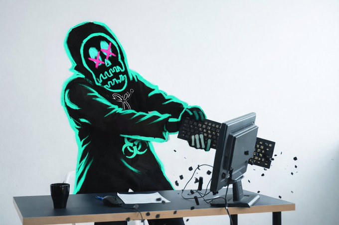 An artistic illustration of a hooded figure with a glowing teal skull mask smashing a computer monitor and keyboard at a desk.