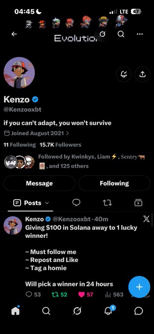 A mobile screenshot of a Twitter/X profile for 'Kenzo @Kenzooxbt' displaying a pinned tweet about a $100 giveaway in Solana and the user's bio 'if you can't adapt, you won't survive'.
