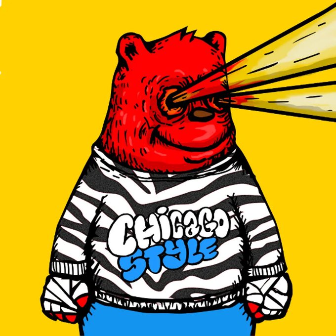 A red bear wearing a striped shirt reading "Chicago Style" shoots laser beams from its eyes against a yellow background, visually representing the bold, OG (original gangster) attitude referenced in the caption.