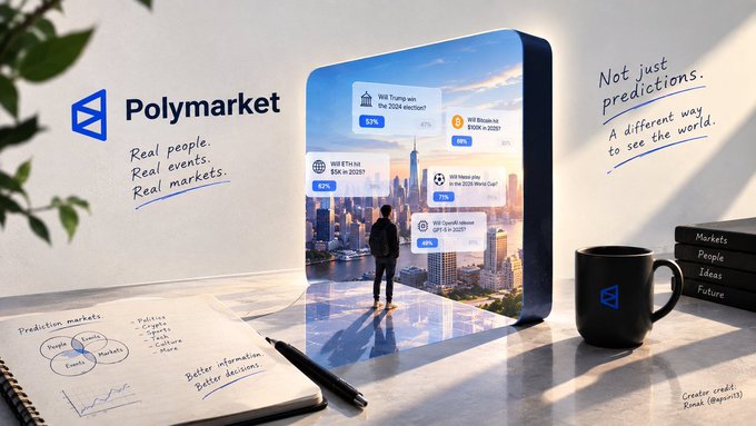 A 3D-rendered promotional image for Polymarket with handwritten-style text 'Not just predictions. A different way to see the world' and 'Real people. Real events. Real markets,' showing a phone displaying prediction markets for the 2024 US election, a mug, and a notebook.