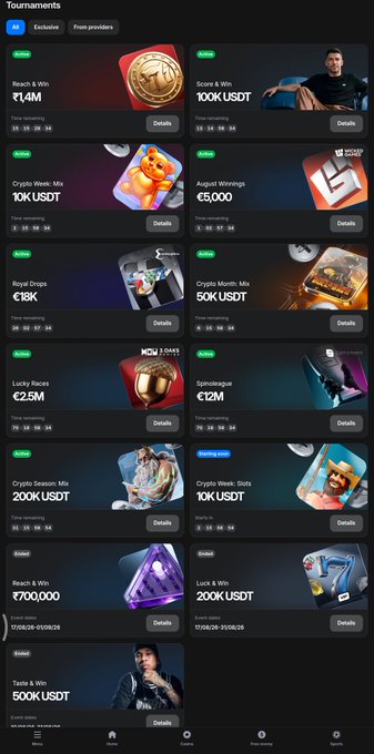 A 'Tournaments' mobile app screen displaying various active crypto tournaments, including 'Reach & Win €1.4M', 'Crypto Week: Mix 10K USDT', and 'Lucky Races €2.5M'.