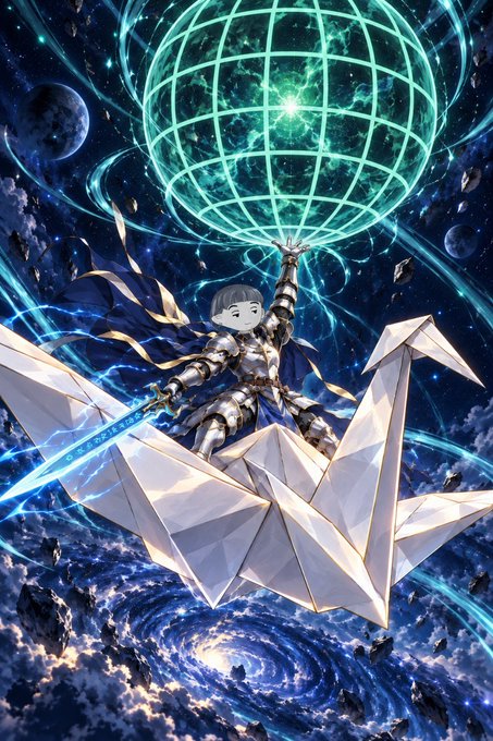 A fantasy illustration of an armored figure riding a giant origami crane through a cosmic sky, reaching up to hold a glowing turquoise wireframe sphere above planets.