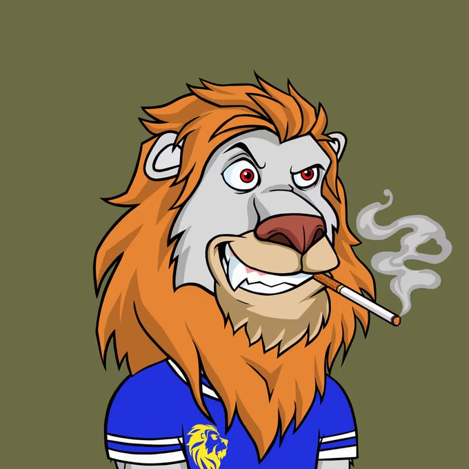 A cartoon illustration of an anthropomorphic lion with an orange mane, smoking a cigarette, wearing a blue shirt with a yellow lion logo.