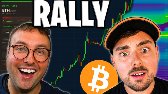 A YouTube thumbnail showing two men with surprised expressions in front of a green crypto chart, featuring large 'RALLY' text and a Bitcoin logo.
